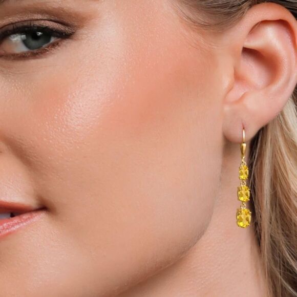 18K Yellow Gold with 4.95 Cttw 3 Stone Citrine Dangling Leverback Drop Earrings - Picture 3 of 5